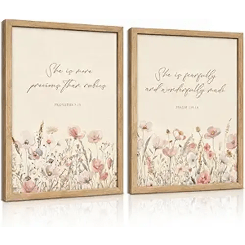 2pcs Framed Christian Floral Nursery Wall Art Bible Christ Flower Botanical Painting Picture Wall Decor Boho Girl Nurseries Poster Print Artwork for Baby Room Living Room Bedroom Home Decoration(Wood Color Framed Bible, 16L" x 12W")