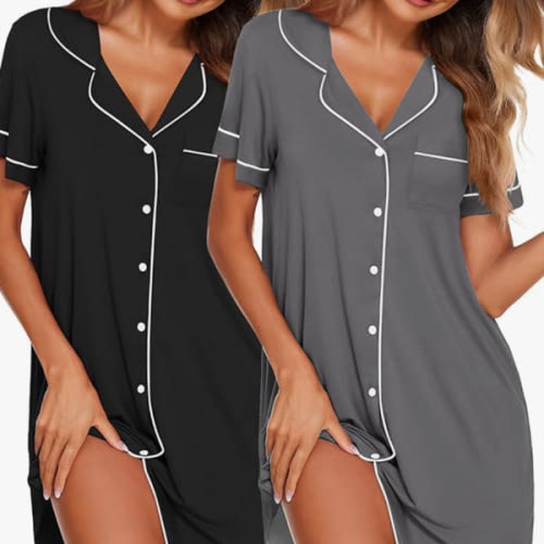 Ekouaer Nightgowns for Women 2 Pack Button Down Sleepwear Short Sleeve Sleepshirts Soft Nightshirts Boyfriend Pajama Dress