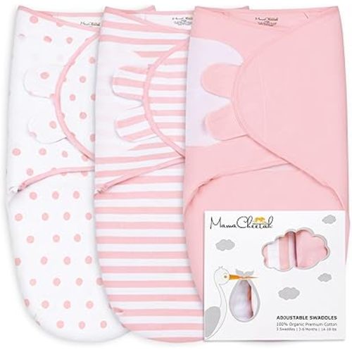 Mama Cheetah Baby Swaddle Sack, Organic Swaddle Blanket, Newborn Swaddle Sleep Sack, Adjustable Infant Swaddle Wrap, Easy Swaddles for Girls 0-3 Month, Baby Essentials, Nursery Swaddling, 3-Pack, Pink
