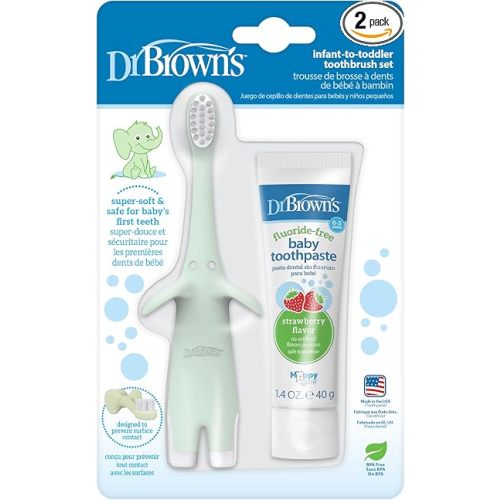 Dr. Brown’s Infant-to-Toddler Training Toothbrush Set, Mint Elephant with Fluoride-Free Strawberry Baby Toothpaste, 0-3 years