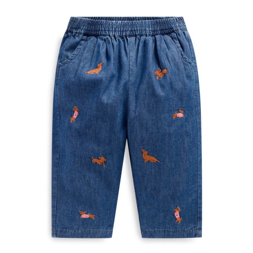Embroidered Cotton Chambray Pull-On Pants