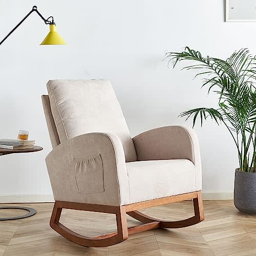 Dolonm Rocking Chair Mid-Century Modern Nursery Rocking Armchair Upholstered Tall Back Accent Glider Rocker for Living Room (Beige)