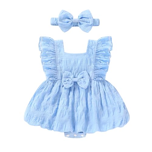 YOUNGER TREE Newborn Romper Baby Girl Summer Clothes Ruffle Sleeve Bubble Jumpsuit with Bow Headband Infant Bodysuit Outfits