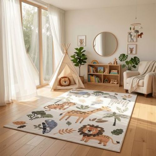 Rug Branch Jungle Contemporary Safari White Beige Kids Area Rug - 4' x 6'