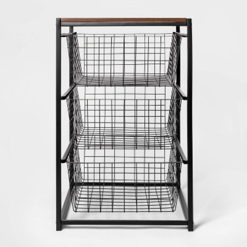3 Drawer Organizer Black Metal with Walnut Wood - Brightroom™: Decorative Storage Drawers, Bedroom Dresser, 3 Drawers