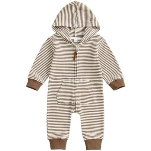 Newborn Infant Baby Boy Clothes Striped Waffle Knit Long Sleeve Zipper Hooded Romper Jumpsuit Cute Fall Winter Outfit