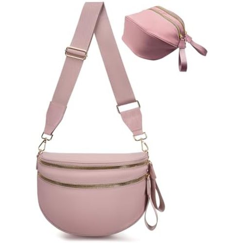 Bum Bags for Women Nylon Crossbody, Spacious Fanny Packs Belt Bag Large Sling Bag with Adjustable Strap (Pink)