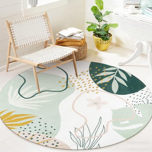 Lahome Boho Round Rugs - 4Ft Washable Non-Slip Small Round Area Rug Throw Soft Cute Round Nursery Rug Non-Shed Lightweight Bathroom Rug, Green Botanical Print Circle Rug for Bedroom Dorm Kids Room