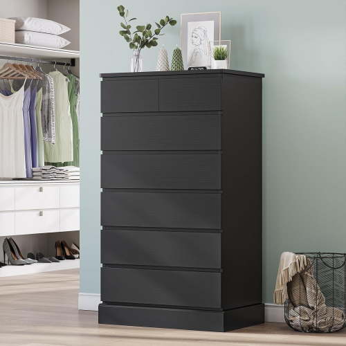 Black Dresser & Chests of Drawers with 7 Drawers for Bedroom, Wood Tall 7 Drawers Dresser & Vertical Storage Cabinet for Living Room Hallway