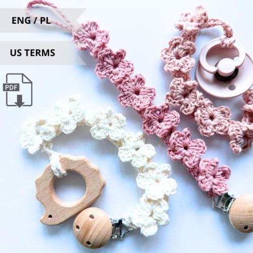 Crochet Pacifier flower holder, Hania Pacifier holder, pacifier clip, pacifier chain, ENG