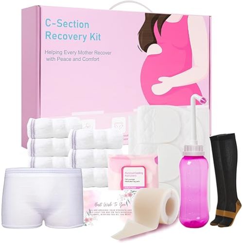 C Section Recovery Must Haves Kit - Peri Bottle,Disposable Mesh Underwears,Witch Hazel Pad Liners,Silicone Scar Patches, Abdominal Belly Binder,Socks,C-Section Recovery Essentials Kit
