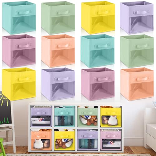Marsui 12 Pcs Clear Cube Storage Bins Pink Collapsible Kids Storage Bins Fabric Classroom Organizer with Window for Kid Playroom Room Daycare Nursery(Pastel)