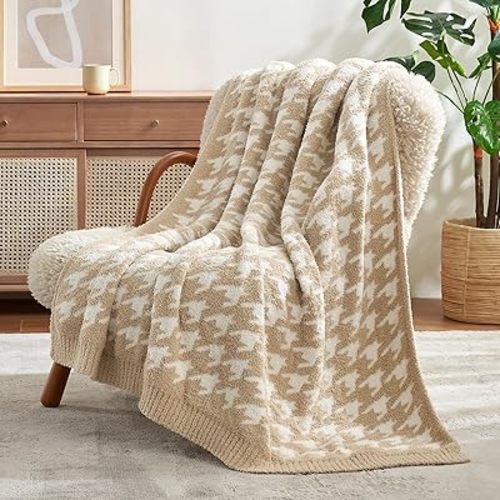 Snuggle Sac Throw Blanket for Couch, Reversible Super Soft Warm Blankets Cozy Knit Fuzzy Plush Lightweight Throws for Sofa, Bed, Camping,Houndstooth Beige,50x60 inches