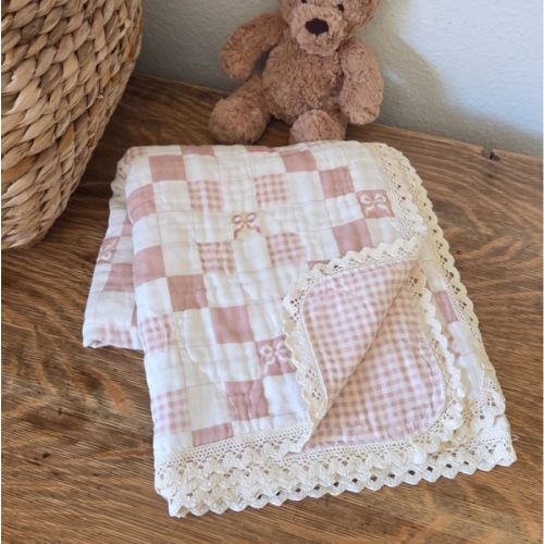 Pink Bows and Gingham QUILTED 6 Layer Gauze Blanket