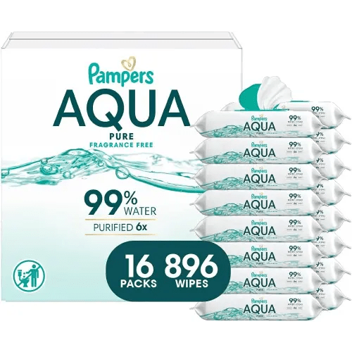 Pampers Aqua Pure Baby Wipes, 99% Water, Fragrance Free, 896 Baby Wipes Total (16X Flip-Top Packs) [Packaging May Vary]