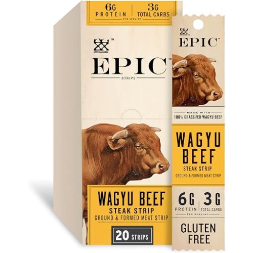 EPIC Wagyu - Tiras de carne de res, alimentados con pasto y bocadillos aptos para paleo, 20 unidades, 16 onzas