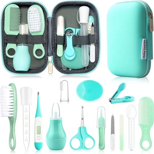 Baby Grooming Kit, Infant Safety Care Set with Hair Brush Comb Nail Clipper Nasal Aspirator,Baby Essentials Kit for Newborn Girls Boys (Green)