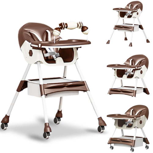 KFeng 4-in-1 Foldable Baby High Chair,Combines Play and Dining,Adjustable Dual-layer Tray and Backrest, Brown