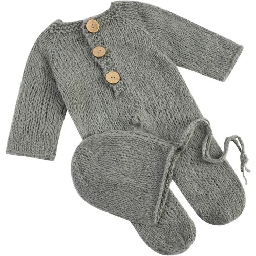 Zeroest Newborn Boy Girl Photography Props Knit Footed Romper with Classic Bonnet Baby Photo Photoshoot Outfits