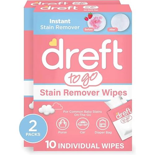 Dreft Stain Remover Wipes for Baby Clothes – Travel Size Stain Remover, Individually Wrapped for On-the-Go Use – Mild on Skin & Safe for Baby Clothes – 20 Count