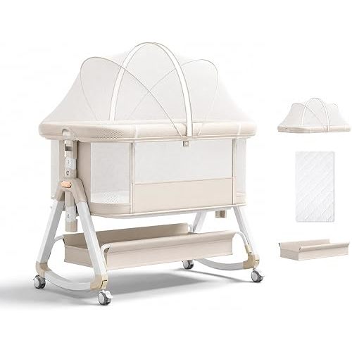 Baby Bassinet, 3 in 1 Basinet Bedside Sleeper with 4D Air Fiber Mattress, Soft and Waterproof Sheets, Safe Adjustable Height Bedside Bassinets with Wheels, Girl/Boy (Beige)