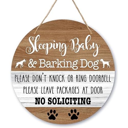 Baby Sleeping Sign Decor, Do Not Knock Or Ring Doorbell Hanging Sign For Front Door, No Soliciting Sign For Home Baby Room Nursery Outdoor, Funny Dog Warning Round Door Hanger Decorations -b03