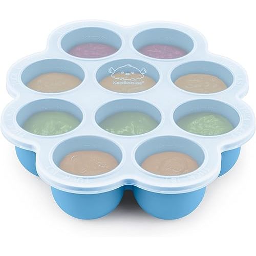 KeaBabies Silicone Food Freezer Trays with Lid, 2oz x 10 Pods Baby Food Storage Containers, Easy Puree Meal Prep, Breast Milk Silicone Freezer Molds, Dishwasher, Microwave Safe, BPA-Free (Misty Blue)
