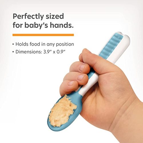 NumNum Baby Spoons Set, Pre-Spoon GOOtensils for Kids Aged 6+ Months - First Stage, Baby Led Weaning (BLW) Teething Spoon - Self Feeding, Silicone Toddler Food Utensils - 2 Spoons, Blue/Orange