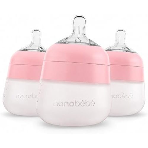 Nanobebe Flexy Silicone Baby Bottle, Anti-Colic, Natural Feel, Non-Collapsing Nipple, Non-Tip Stable Base, Easy to Clean 3-Pack, Pink, 5 oz