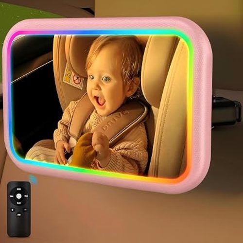 Baby Car Mirror with Light, 7 RGB Light Rear Facing Car Seat Mirror for Baby with Remote Control Rechargeable 360° Rotation Hook Clip Design Wide View Shatterproof, Pink