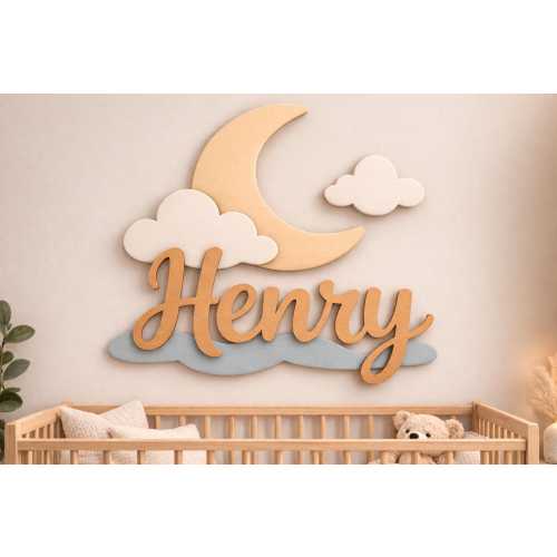 Personalized Wooden Name Sign • Moon Clouds Nursery Wall Decor