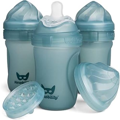Herobility Glass Baby Bottle - 7.8 fl oz/220 ml - 3 Pack | Heat Sensing Color-Changing Bottle with Double Anti-Colic Nipple - Silicone Coating - Breastlike Nipples for Newborn Babies - Teal Color