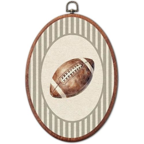 Vintage American Football Sport Nursery Oval Wall Art, Brown Stripe Canvas Prints Framed, Farmhouse Retro Decor Wall Art Hanging Decor for Kids Toddler Room Playroom Decoration, 8.6x11.4 Inch