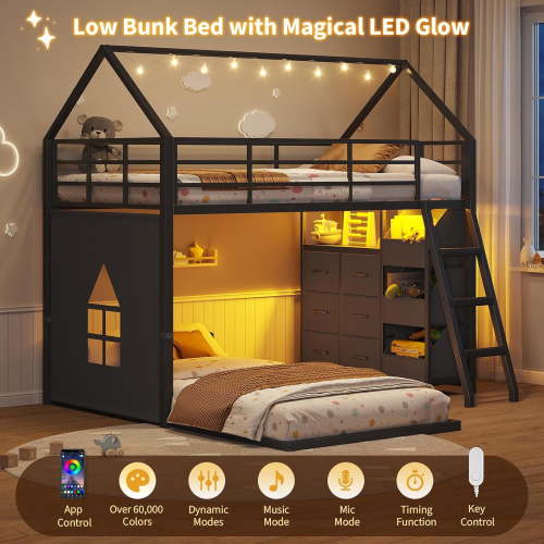 Twin over Twin Size Bunk Bed Frame with LED Lights, House Shaped Low Bunk Beds with 6 Storage Drawers and 3 Open Bins, Metal Floor Twin Bunk Bed with Safety Guardrail & Ladder, Black