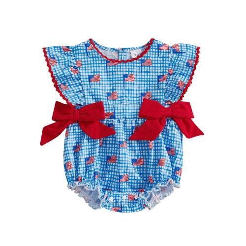 Zanarzt Newborn Girl Outfits Baby Girl 4th of July Outfits Newborn Smocked Bubble Romper Bodysuit Ruffle American Flag Memorial Day Outfit 0-3 Months,Blue
