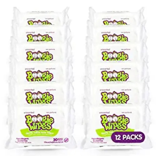 Saline Nose Wipes by Boogie, for Baby & Kids, Face, Hand & Body, FSA/HSA Eligible, Made with Vitamin E, Aloe, and Natural Saline, Unscented, 30 Count (Pack of 12)