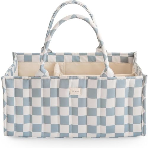 mushie Baby Diaper Caddy | Newborn Essentials Organizer (Blue Check)