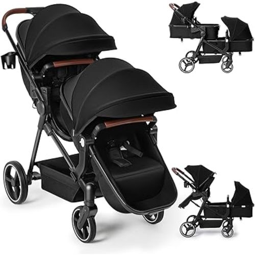 Double Stroller Newborn and Toddler, Foldable Tandem Twin Baby Travel Stroller, Reversible Seat, Adjustable Backrest, Storage Basket/Cup Holder, for 0-3 Kids