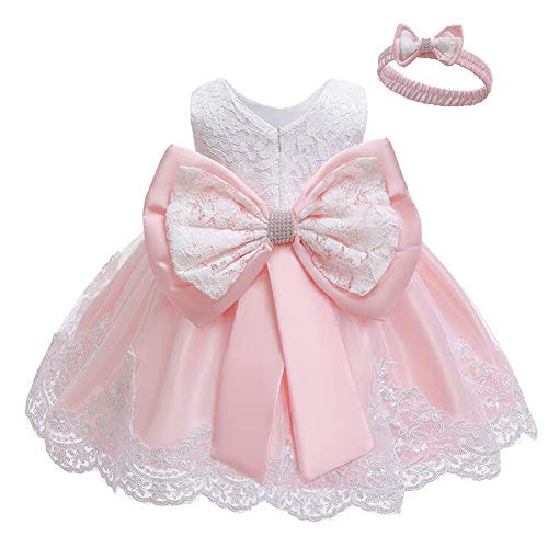 LZH Baby Girls Ruffle Lace Bowknot Flower Dress for Pageant Party Wedding | Lace Tulle Baby Girl Dress with Matching Bow Headband, Elegant Big Bow Decor for Christmas Wedding Pageant Birthday Party