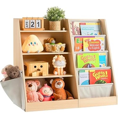 4 Tier Kids Wooden Bookshelf with Extra Pocket, Baby Toddler Bookshelf and Toy Storage Organizer with Four Layer Sling Bookcase for Kids Room Playroom Nursery Classroom