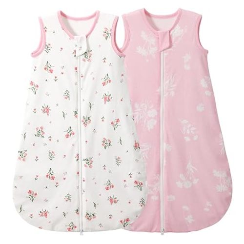 Duomiaomiao Baby Sleep sack 1.0 Tog, 2 Pack Cotton Baby Sleeping Bag All Years Round, Wearable Blanket Unisex Toddler Newborn Sleep Bag 0-6 Months, Flowers