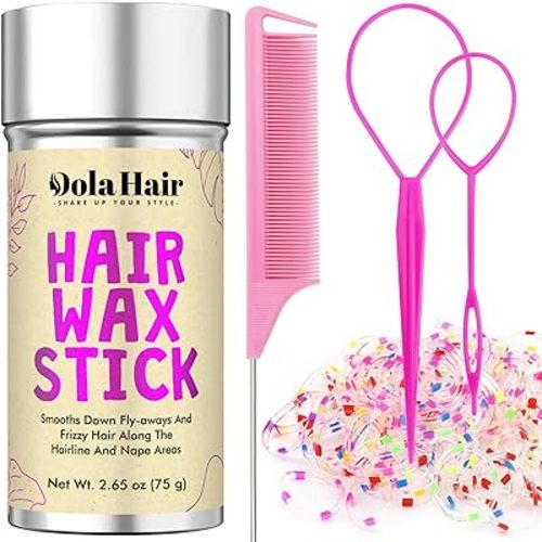 Dolahair Hair Wax Stick & Accessories - Flyaway Control for Kids & Women, 50 Pcs Colorful Elastic Hair Bands, 1 Pcs Slick Back Hair Brush, 2 Hair Loop Styling Tools (Pink)