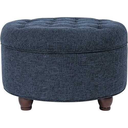 Homepop Home Decor | Large Button Tufted Woven Round Storage Ottoman for Living Room & Bedroom (Navy Woven) 25 inch D x 25 inch W x 15 inch H
