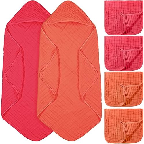 VitalCozy 6 Pcs Baby Muslin Hooded Bath Towels and Washcloths Muslin Cotton Hooded Baby Towels Absorbent Blankets for Gift Newborn Infant Shower (32 x 32 Inch,Cherry Red,Coral)
