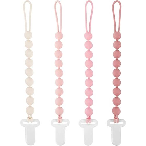 MINMUNJIU Pacifier Clips Baby Girl, 4 Pack One Piece Flexible Soft Binky Clips Silicone Pacifier Holder Clip for Girls, Baby Girl Newborn Essentials