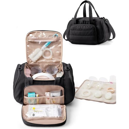 Quilted Breast Pump Bag Compatible with Spectra S1 and S2, Pumping Bag with Cooler Compartment and a Drying Mat, Black
