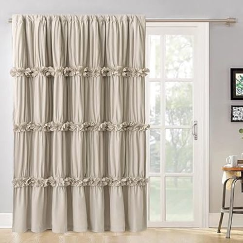 Room Divider Curtains, Boho Ruched Blackout Window Treatments with 3 Rows of Butterfly Flowers, Rustic Rod Pocket Sliding Door Curtains, 100" W x 84" L, Camel (LQ-30)