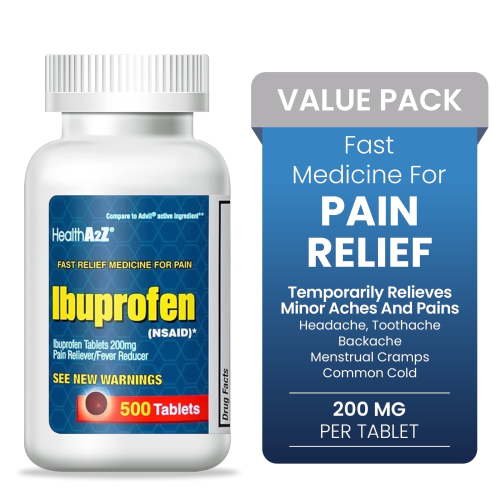 HealthA2Z® Ibuprofen 200mg | 500 Counts | Pain Relief | Body Aches | Headache | Arthritis | Cramps | Back Pain | Fever Reducer… (500 Count) HSA/FSA Eligible
