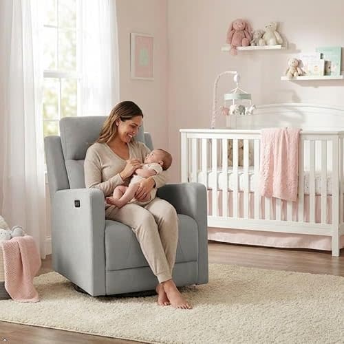Pemberly Row Premium Fabric Glider Power Recliner Nursery Rocking Chair for Living Room, Kids Room, Rocker Swivel Recliner with USB Port in Gray