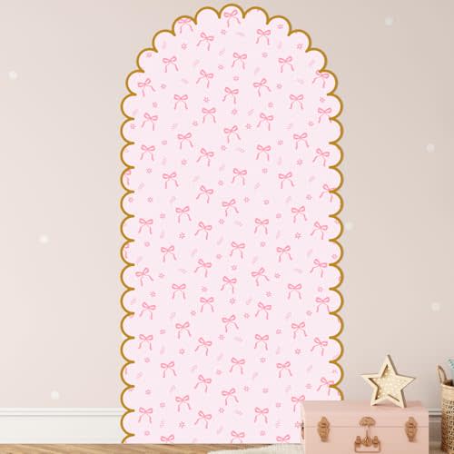 Leinuosen Pink Bow Arch Wall Decals Peel and Stick 58 x 30 Inch Large Bow Wallpaper Wall Decal Room Decor with Golden Scallop Frame Coquette Headboard Stickers for Nursery Bedroom Living Room